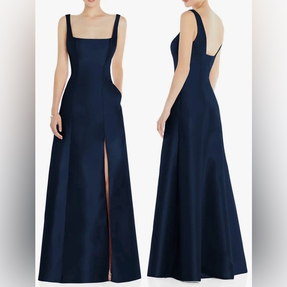 New Alfred Sung Square Neck Satin A-Line navy blue Gown D826 Sz 6 - Picture 1 of 6